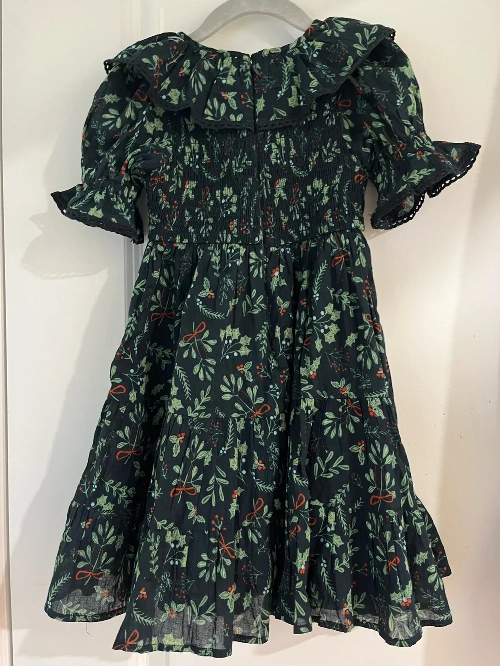 Ivy City Co Dark Green Floral Ruffle Smocked Dress with Red Accents